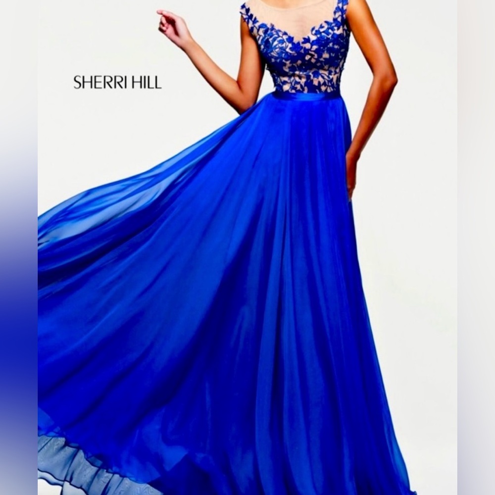 Sherri Hill Blue Embellished Tiered Gown V-Neck Prom